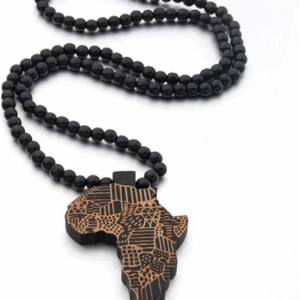 African Map Beaded Necklace – Wooden Pendant with Tribal Pattern Design